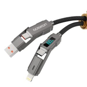 aceyoon Multi USB Kabel 4 in 1, 60W Schnellladekabel USB C 1.5M mit RGB LED Licht USB C auf Lighting, Typ C/USB A auf USB Typ C Multi Ladekabel für iPhone 16 15 14,für Galaxy, für Huawei