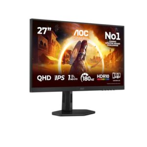 AOC Gaming Q27G4XF – Monitor QHD de 27 Pulgadas, 180 Hz, Plano, 0,5 ms, FreeSync Prem., Comp. G-Sync, HDR10, Ajustable (IPS, 2560×1440, DisplayPort, HDMI) Negro/Gris
