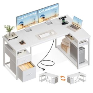 Coleshome Escritorio Esquinero con Cajones de Tela, 140x80cm, Blanco