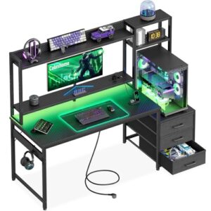 Coleshome Escritorio Gaming con Estantería, 137x48cm, Fibra Carbono Negro