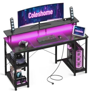 Coleshome Escritorio Gaming con LED, 120x50cm, Fibra de Carbono Negra