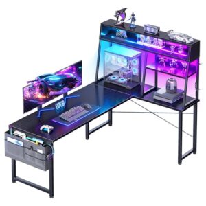 Coleshome Escritorio Gaming en L con Estantería y LED, 130x100cm, Negro