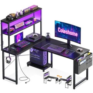 Coleshome Escritorio Gaming en L con LED y Enchufes, 110×80cm, Negro