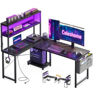 Coleshome Escritorio Gaming en L con LED y Enchufes, 135×100cm, Negro
