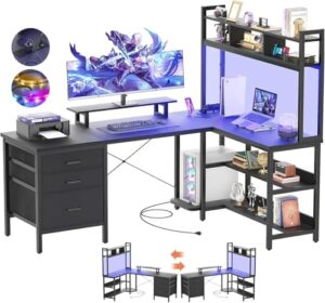 iSunirm Escritorio Forma de L con gabinete, Escritorio de Juego de Esquina de 150 x 90 cm con Luces LED, Escritorio de computadora Reversible con Toma de Corriente y cajón para Archivos, Negro