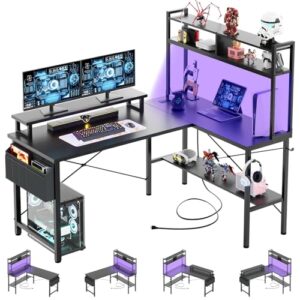 iSunirm Escritorio Gaming con LED,125×90 cm Escritorio en L con Enchufes y Puerto de Carga USB,Mesa para Ordenador con Estante para Monitor para Oficina en Casa,Negro