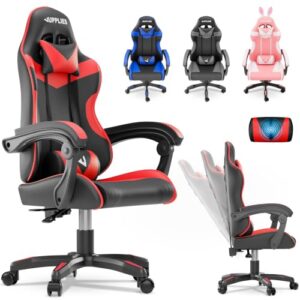 JUPPLIES Silla Gaming Profesional con Masajeador – Silla de Oficina Ergonómica, Altura Regulable y Respaldo Abatible – Silla Gamer (Rojo, Acolchado Arriba, Sin Reposapiés)