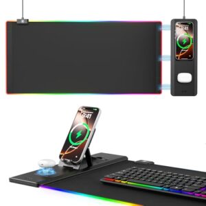 KDD LED Alfombrilla Ratón Gaming con 15W Carga Inalámbrica, Tapete Escritorio con Soporte Móvil Plegable, Mouse Pad XXL Antideslizante para Juegos Accesorios Gaming PC Auriculares Reloj (70x33cm)