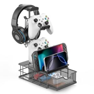 KDD Soporte Auriculares Gaming con Cajón, Universal Soporte Mando & Porta Auriculares Mesa con Organizador de Cables, Gancho Controlador con Barra de Apoyo de Aluminio para Juegos Accesorios Gaming PC