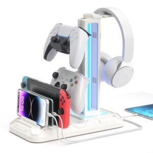 KDD Soporte Auriculares Gaming con Puertos de Carga USB Tipo C – LED Soporte Cascos y Mando Universal con Ranuras para Teléfono & 9 Modos de Luz para Juegos Accesorios Gaming PC Escritorio, Blanco