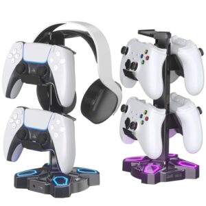 KDD Soporte Auriculares Gaming, LED Soporte Cascos y Mando con 2 Puertos de Carga USB & 1 Tipo-C & 3,5mm Conector de Audio, Headset Stand con 9 Modos de Luz para Accesorios Gaming PC PS4 PS5, Negro