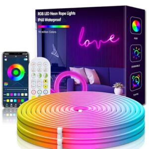 LED Neon Strip 3m, Tira de LED Neón RGB Flexible, Luz de neón silicona con APP, Telemando, IP67 impermeable, Neón Strip Luz Decorativa para Dormitorio, Bar, Sala de Juegos, Navidad y Fiestas (3M)