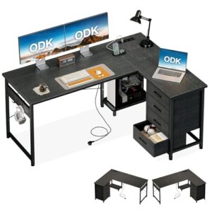 ODK Escritorio Esquinero Gaming con 4 Cajones de Tela, 135x100cm, Negro