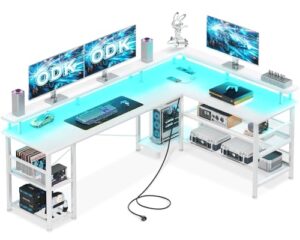 ODK Escritorio Gaming en L con LED y Estantes, 168x120cm, Blanco