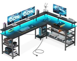 ODK Escritorio Gaming en L con LED y Estantes, 168x120cm, Negro