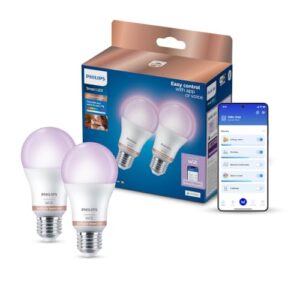 Philips Smart Lighting, Bombilla Inteligente LED RGB A60, E27, 2 ud, 1521 lm, Color y Blanco Ajustable 2200 K-6500 K, Regulable Baja, Connected by WiZ, Alexa, Google Home, Apple Home