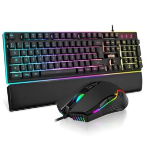 RedThunder K10 Juego 3 en 1 de Teclado, Ratón y Reposamuñecas de Cuero, Retroiluminación RGB + Tacto Mecánico, Teclas Anti-Ghosting + Ratón 7D 7200DPI, Layout Español, Compatible con PC/PS5/Xbox Negro