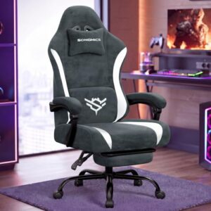 SONGMICS Silla Gaming, Silla de Escritorio Ergonómica de Fibra de Poliéster, Reclinable 135° con Reposapiés, Soporte Lumbar, 70 x 70 x 120-130 cm, Gris Carbón Oscuro y Blanco Nube OBG092GQ01