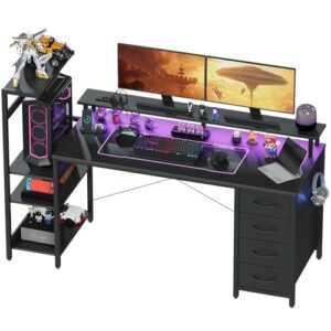 YOUDENOVA Escritorio para Gaming 150 * 50cm, Mesa de Juegos con iluminación LED y tomacorriente, Mesa de Ordenador con cajones, Fibra de Carbono Negro