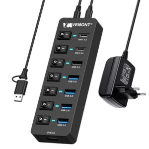Hub USB 3.2 Alimentacion Externa, VEMONT 8 Puertos 10Gbps Hub USB-C 12V/4A