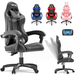 JUPPLIES Silla Gaming Profesional con Masajeador – Silla de Oficina Ergonómica, Altura Regulable y Respaldo Abatible – Silla Gamer (Gris, Acolchado Arriba, Sin Reposapiés)